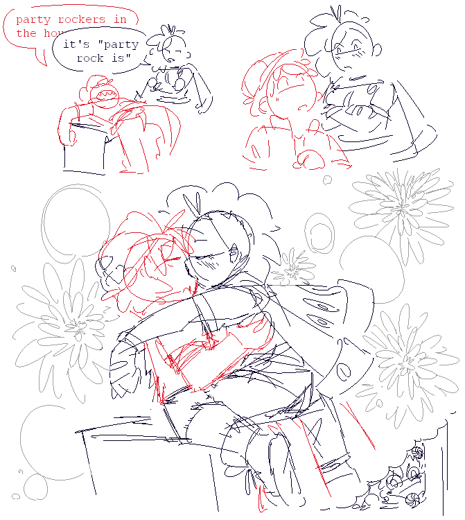 A sketched out 3-panel comic featuring Crimson and Dani.

Panel 1: Crimson, lying with his back on something, says "party rockers in the house". Dani responds with folded arms, "it's "party rock is"."
Panel 2: Crimson and Dani look at each other, blushing.
Panel 3: Crimson and Dani kiss passionately, fireworks in the background, with a little Peppermint imagining all this in the corner.